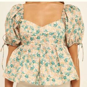 English Factory orange turquoise floral puff sleeve top cottage romantic new L
